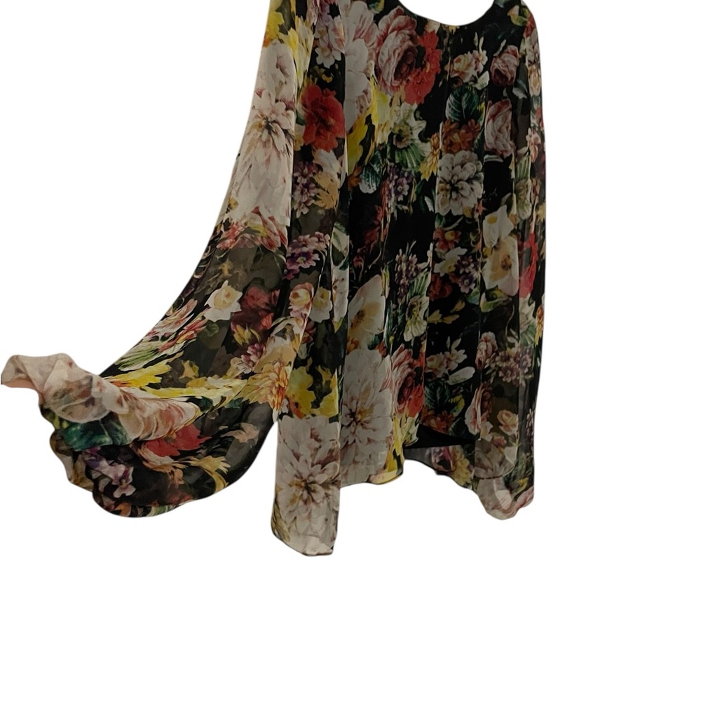 Floral Chiffon Blouse – Romantic Garden Print, Sheer Long Sleeve, Scoop Back